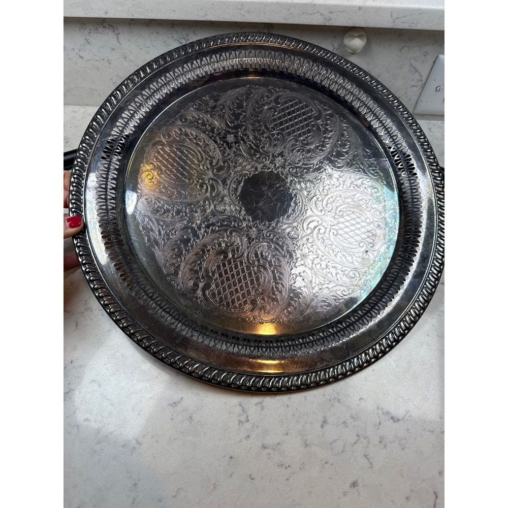Vintage‎ Leonard Silverplate Round Serving Tray Etched Pierced Gallery Rim 12in